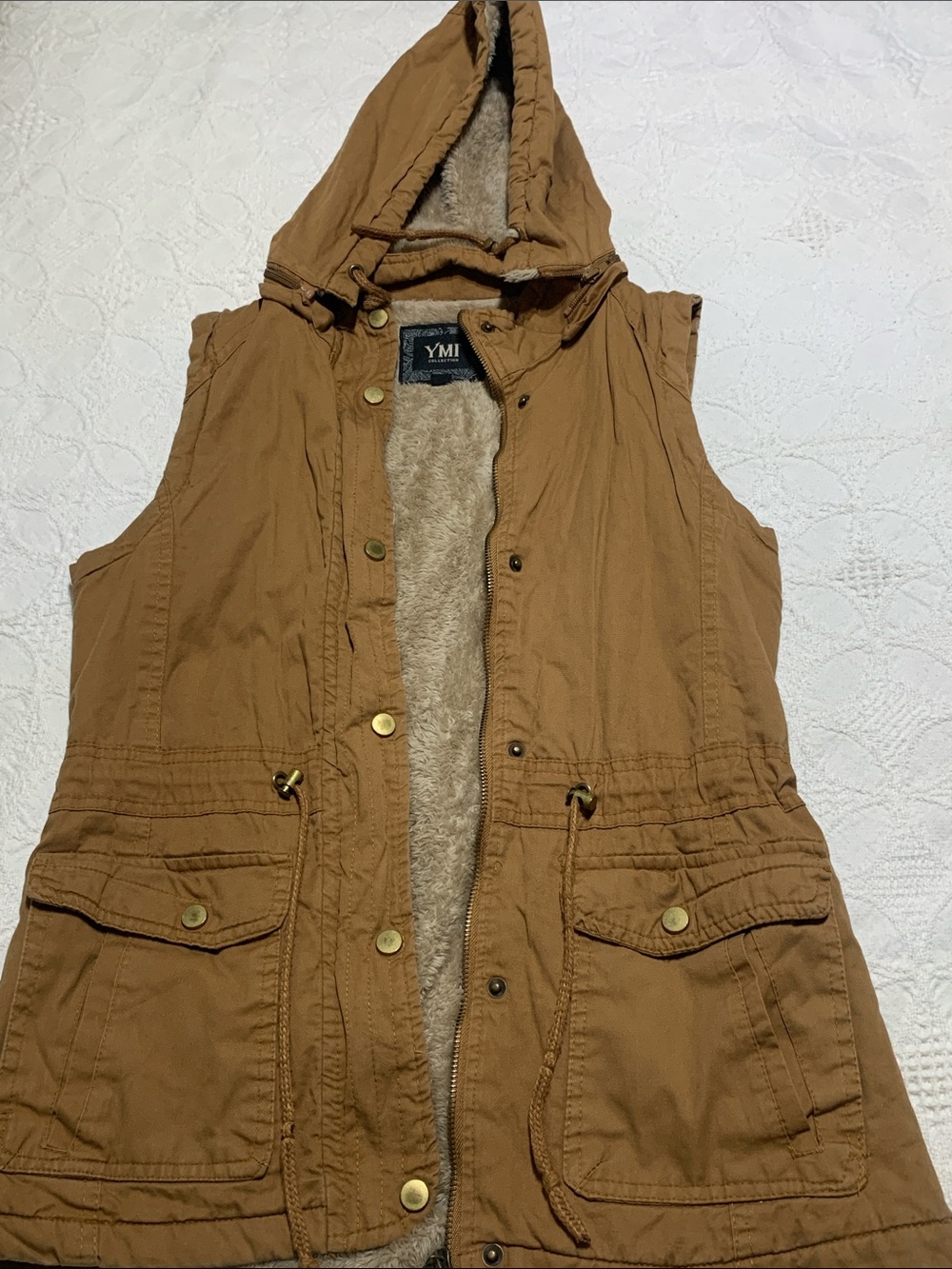 YMI Women's Hooded Utility Vest in Tan with Faux-Fur Lining